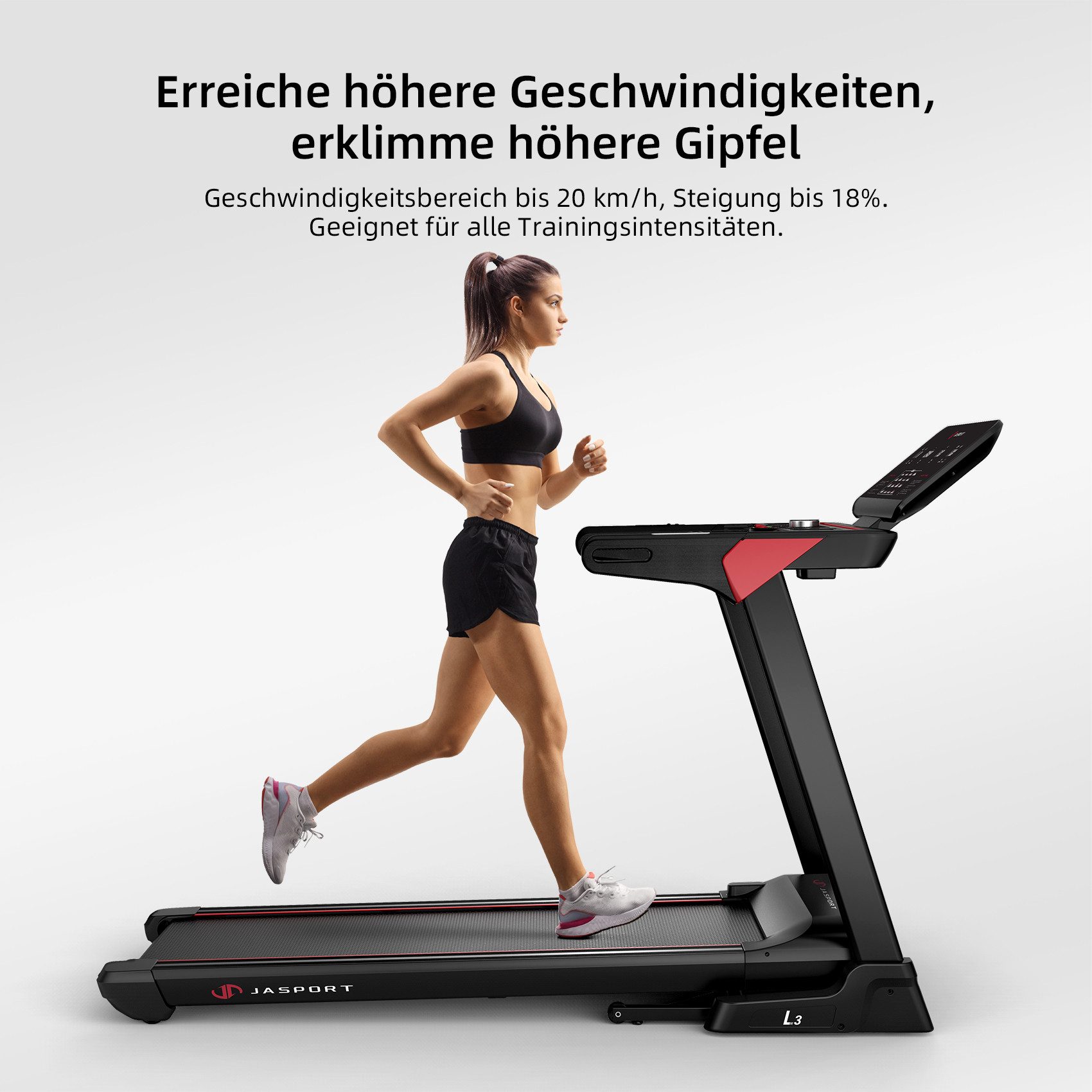 JASPORT Laufband L3 – Heimtrainer mit Steigung Bluetooth-Kinomap&Zwift, 4PS,bis 20km/h, 18% Steigungswinkel,bis 120kg