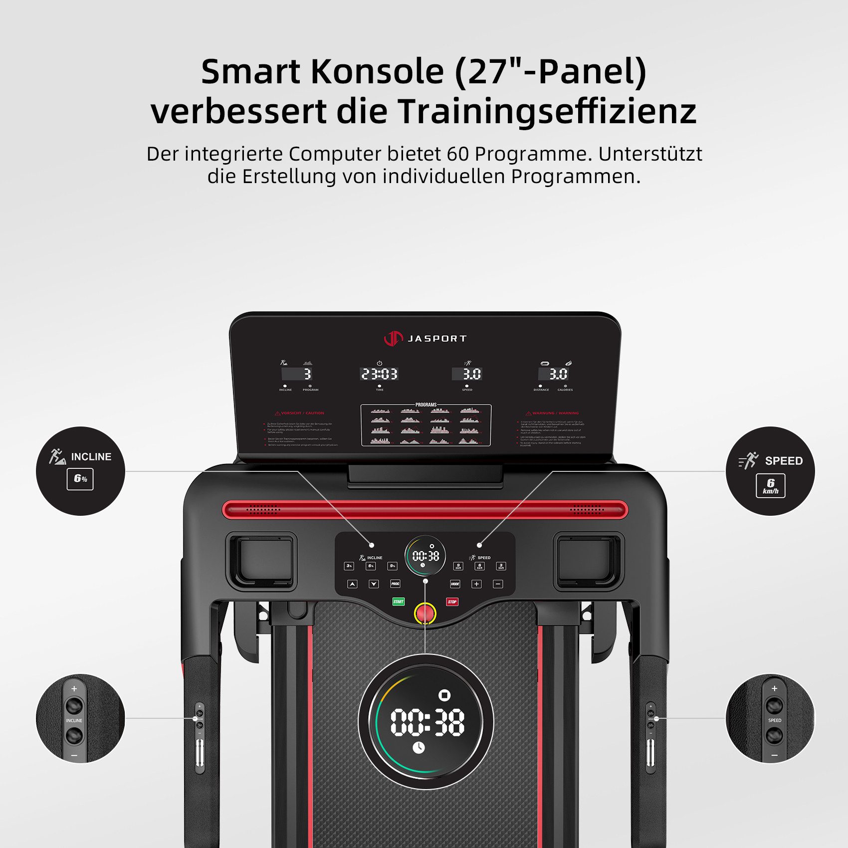 JASPORT Laufband L3 – Heimtrainer mit Steigung Bluetooth-Kinomap&Zwift, 4PS,bis 20km/h, 18% Steigungswinkel,bis 120kg