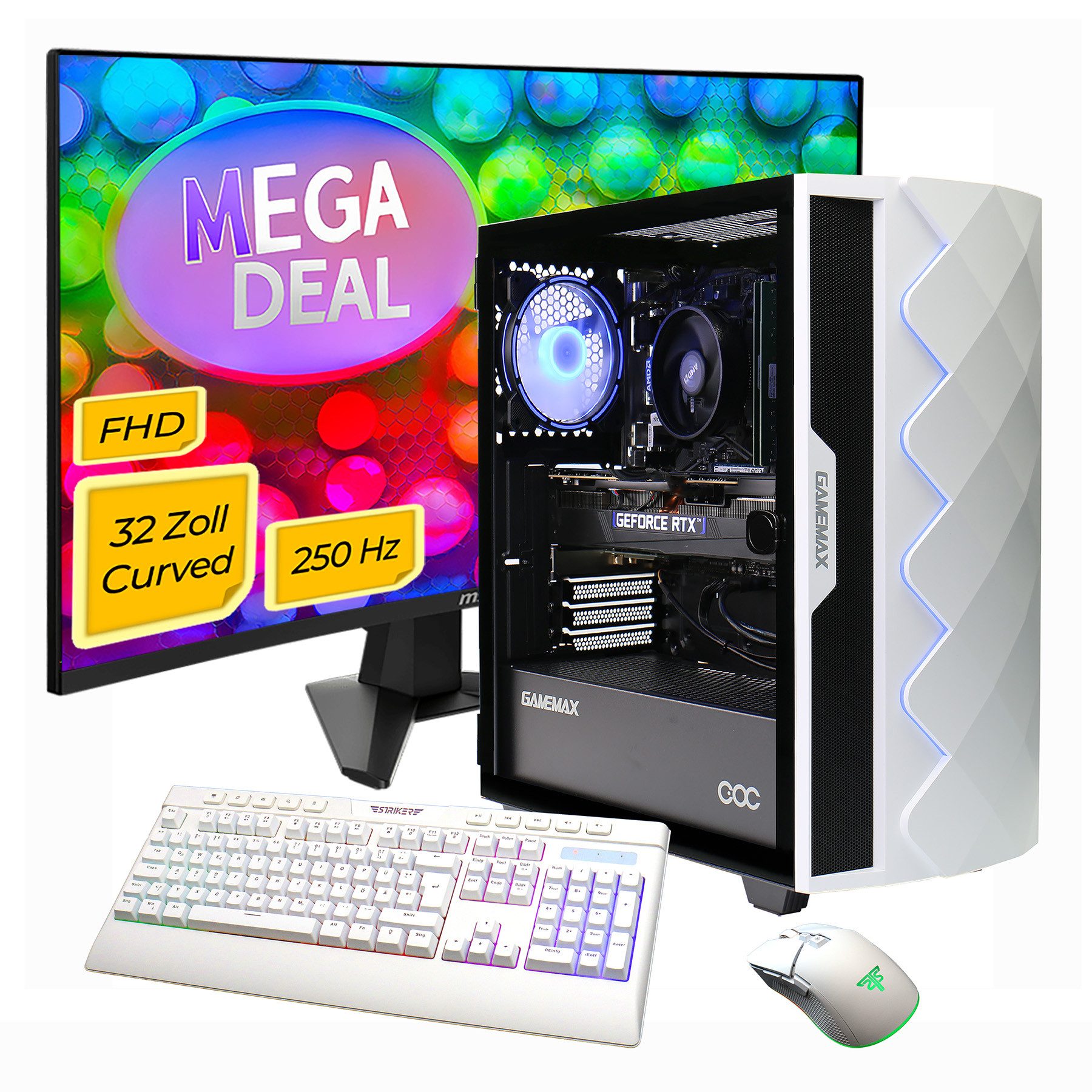 GAMEMAX MegaDeal Diamond WT 2703 AMD Ryzen 7 5700X RTX 5060 16GB 1TB SSD Gaming-PC-Komplettsystem Windows 11 + MSI MAG 32C6X Curved Monitor, 80cm (32")