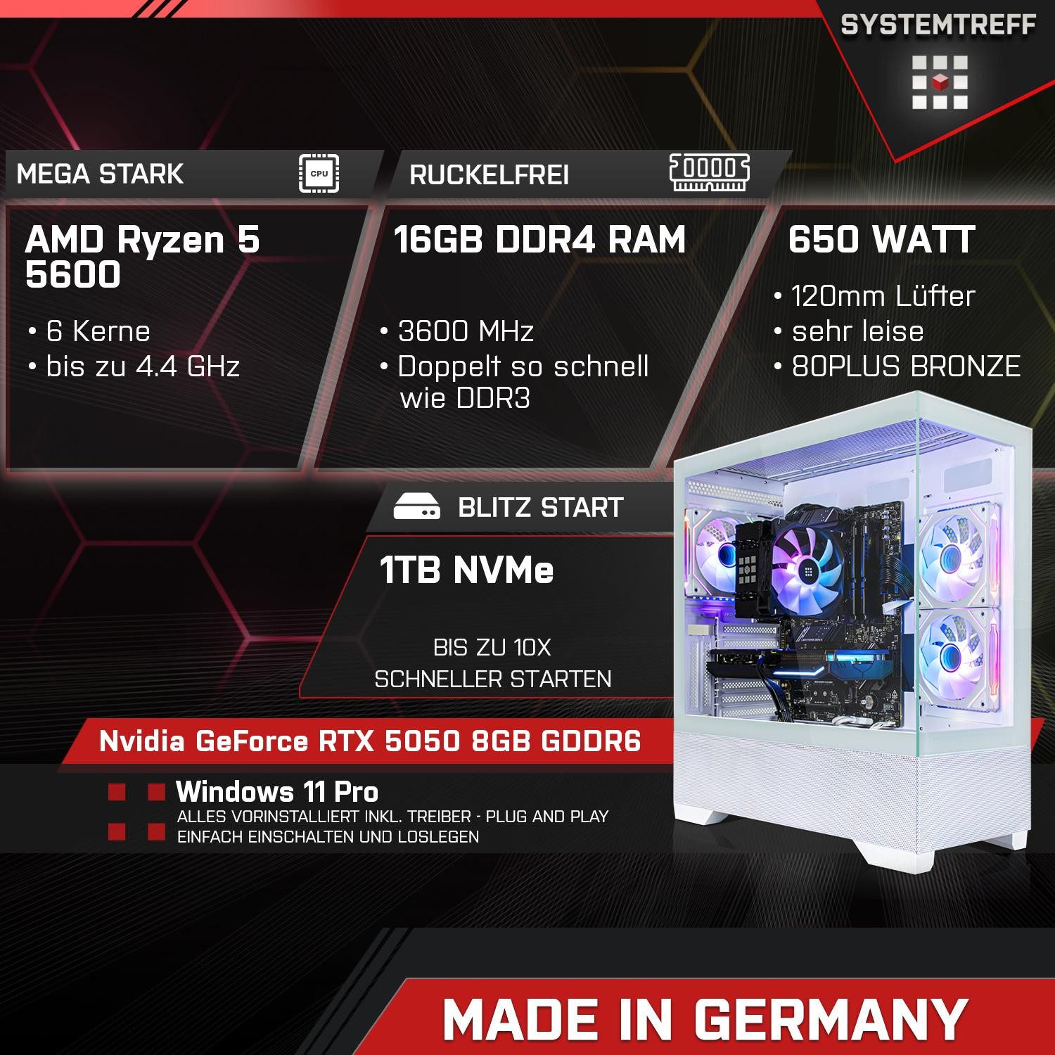SYSTEMTREFF AMD Ryzen 5 5600 mit Nvidia GeForce RTX 5050 8GB GDDR6 Gaming-PC