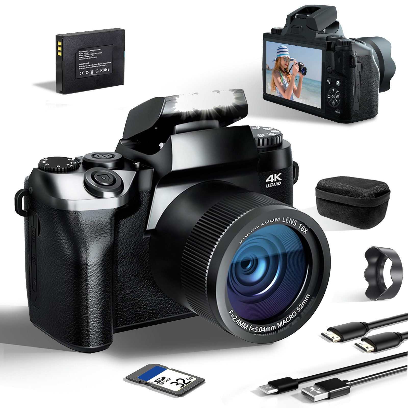 FINE LIFE PRO 64MP Digitalkamera für Fotografie und Video, Kompaktkamera (WLAN (Wi-Fi), inkl. 4K Vlogging Kamera für YouTube mit 4" Touchscreen, 18x Digitalzoom, WiFi& Autofokus, 32GB Karte)