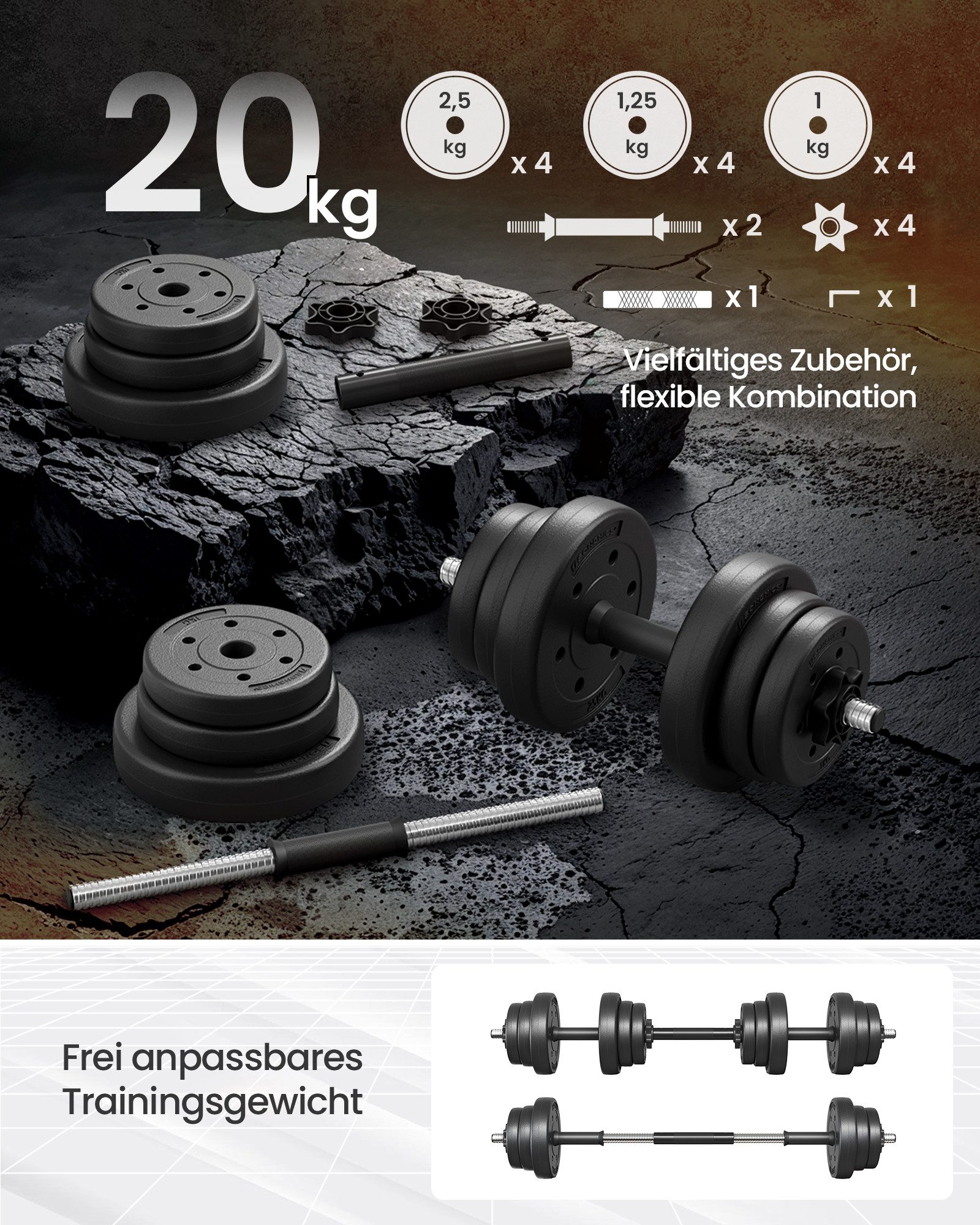 SONGMICS Hantel-Set 2-in-1-Kurzhantel, 2x10/15 kg, für Zuhause, 1 Paar