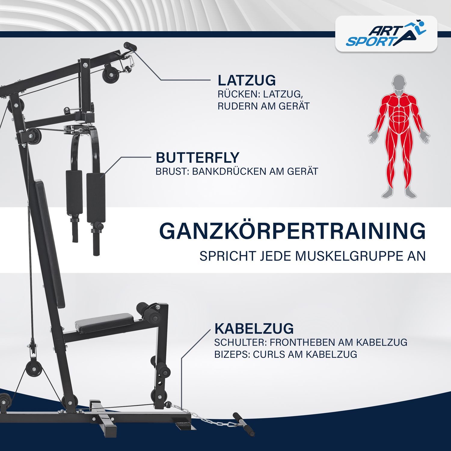 ARTSPORT Kraftstation ProfiGym 2000 insgesamt 40 kg, Butterflystange, Latzug, Bizepsseilzug und mehr