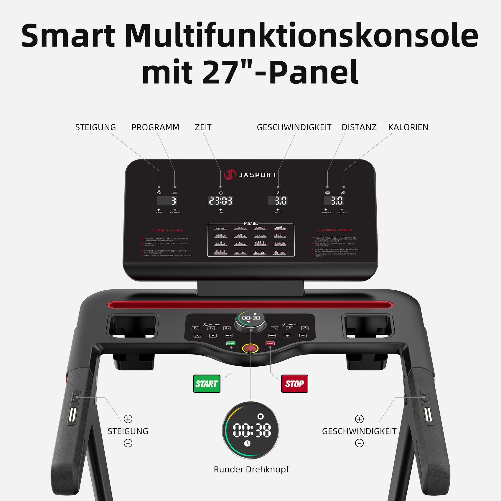 JASPORT Laufband L3 – Heimtrainer mit Steigung Bluetooth-Kinomap&Zwift, 4PS,bis 20km/h, 18% Steigungswinkel,bis 120kg