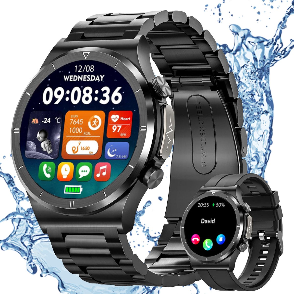 ANYSUN Smartwatch Herren (Anruf Texte Rinnerung) Fitness Tracker Uhr Smartwatch SpO2, Schlafmonitor, IP68 Wasserdicht Android und iOS, Schwarz